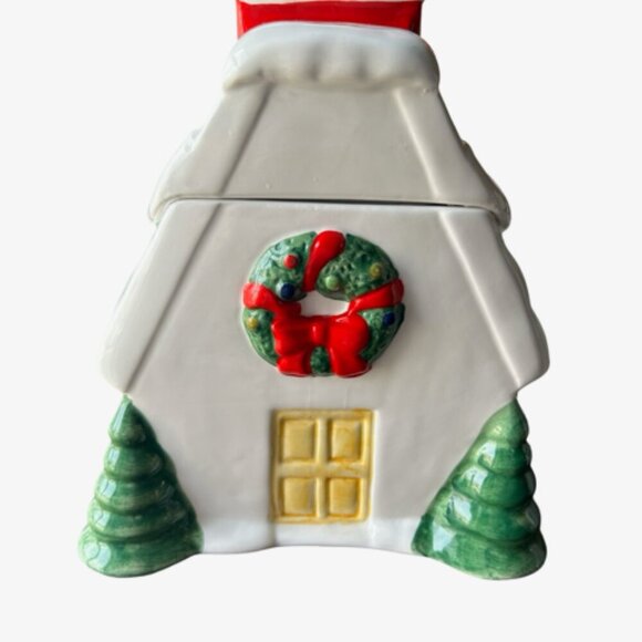 VINTAGE CHRISTMAS COOKIE JAR SHARE THE JOY CERAMIC MUSICAL SNOWHOUSE WITH BOX - Picture 1 of 5